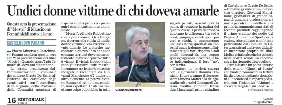 Foto articolo di giornale Ciociaria Oggi | Undici donne vittime di chi doveva amarle