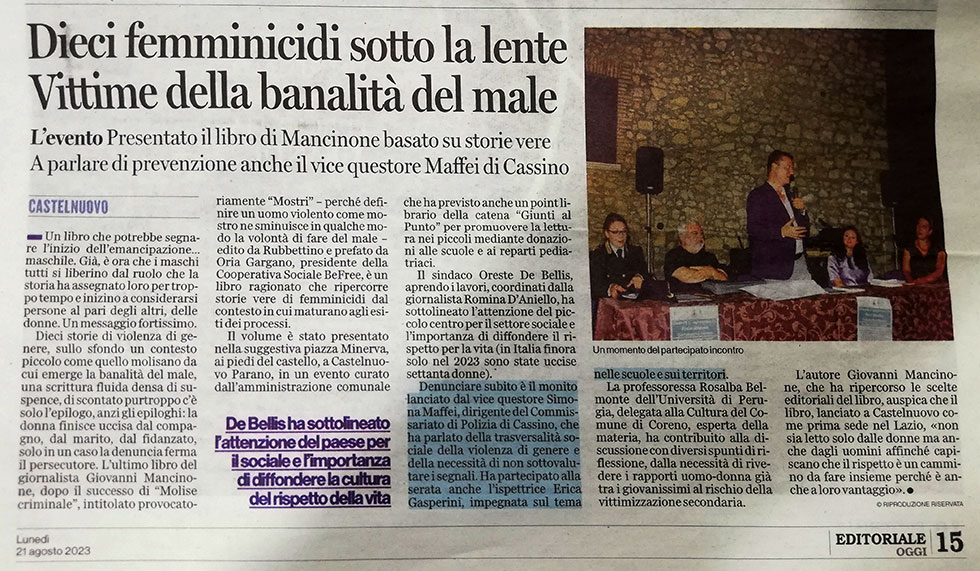 Foto articolo di giornale Ciociaria Oggi | Dieci femminicidi sotto la lente. Vittime della banalità del male
