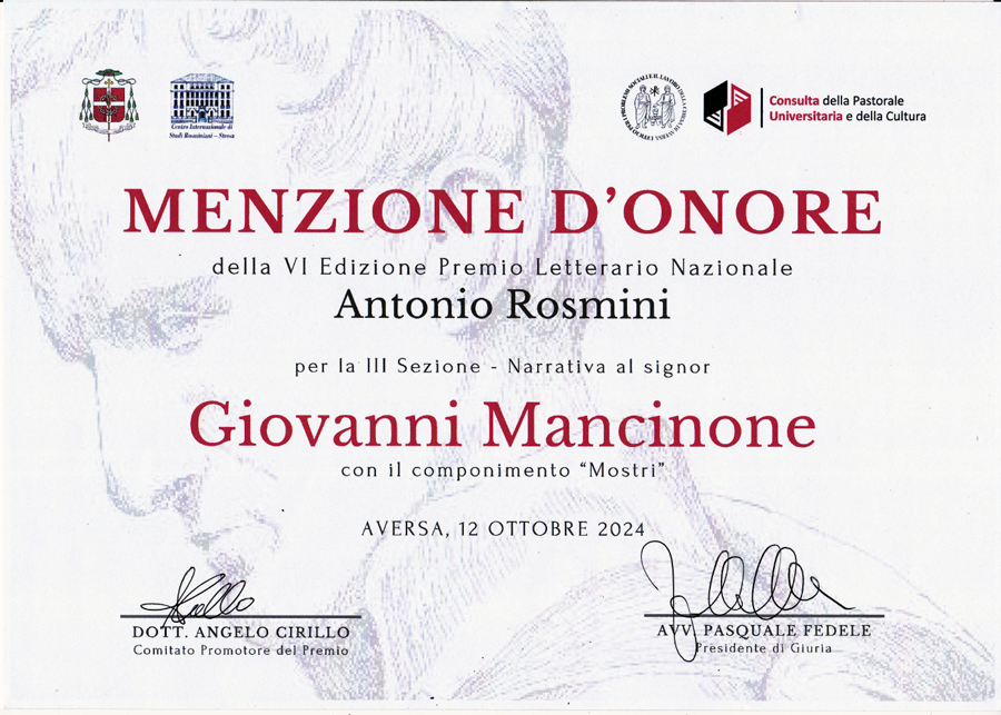 MENZIONE D'ONORE Premio letterario nazionale "Antonio Rosmini"