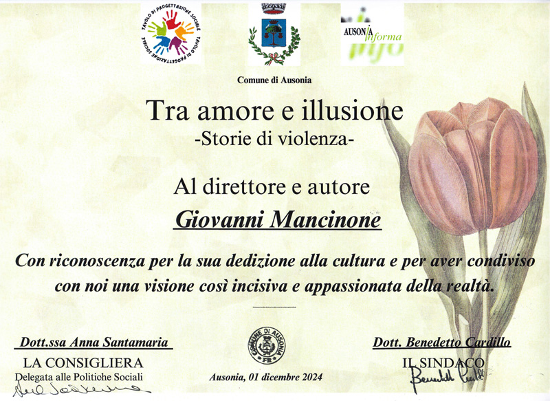Encomio a Giovanni Mancinone dal Comune di Ausonia