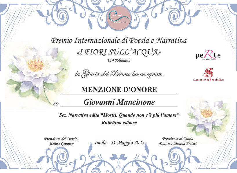 Attestato menzione d'onore premio internazionale di poesia e narrativa "I fiori sull'acqua" 2025
